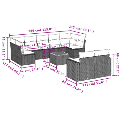 10-Piece Garden Sofa Set with Cushions Grey Poly Rattan Wicker Outdoor Patio Furniture - Image 12
