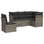 5-Piece Garden Sofa Set with Cushions Grey Poly Rattan Wicker Outdoor Patio Furniture