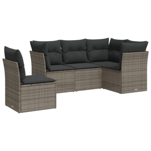 5-Piece Garden Sofa Set with Cushions Grey Poly Rattan Wicker Outdoor Patio Furniture