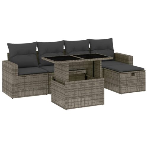 6-Piece Garden Sofa Set with Cushions Grey Poly Rattan Wicker Outdoor Patio Furniture