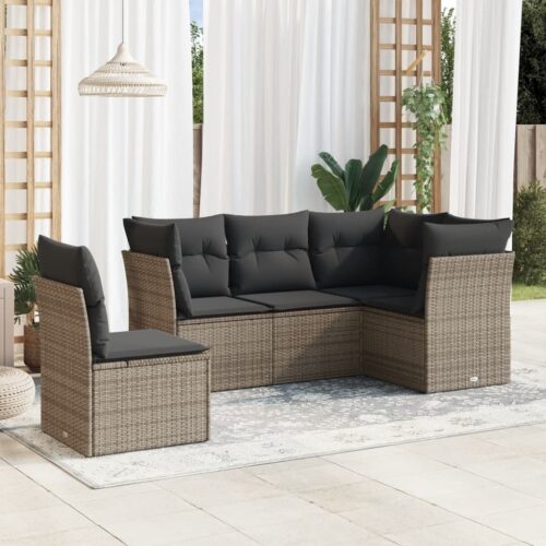 5-Piece Garden Sofa Set with Cushions Grey Poly Rattan Wicker Outdoor Patio Furniture - Image 2