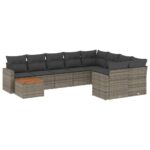 10-Piece Garden Sofa Set with Cushions Grey Poly Rattan Wicker Outdoor Patio Furniture