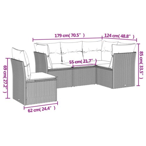 5-Piece Garden Sofa Set with Cushions Grey Poly Rattan Wicker Outdoor Patio Furniture - Image 3