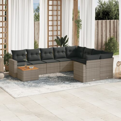 10-Piece Garden Sofa Set with Cushions Grey Poly Rattan Wicker Outdoor Patio Furniture - Image 2