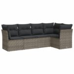 5-Piece Garden Sofa Set with Cushions Grey Poly Rattan Wicker Outdoor Patio Furniture