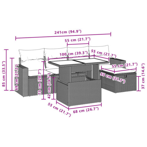 6-Piece Garden Sofa Set with Cushions Grey Poly Rattan Wicker Outdoor Patio Furniture - Image 12
