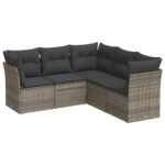 5-Piece Garden Sofa Set with Cushions Grey Poly Rattan Wicker Outdoor Patio Furniture