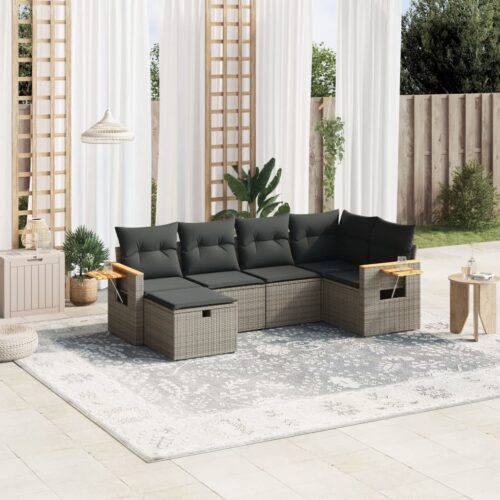 6-Piece Garden Sofa Set with Cushions Grey Poly Rattan Wicker Outdoor Patio Furniture - Image 2