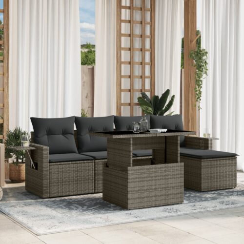 6-Piece Garden Sofa Set with Cushions Grey Poly Rattan Wicker Outdoor Patio Furniture - Image 2