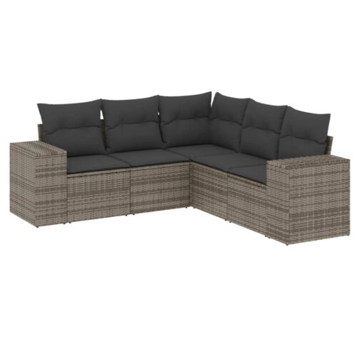 5-Piece Garden Sofa Set with Cushions Grey Poly Rattan Wicker Outdoor Patio Furniture