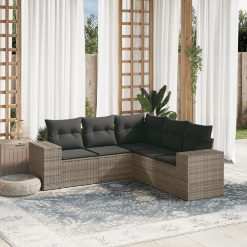 5-Piece Garden Sofa Set with Cushions Grey Poly Rattan Wicker Outdoor Patio Furniture - Image 2