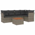 6-Piece Garden Sofa Set with Cushions Grey Poly Rattan Wicker Outdoor Patio Furniture