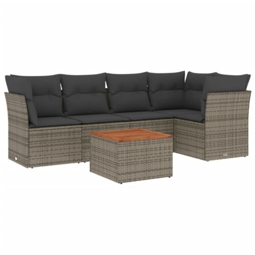 6-Piece Garden Sofa Set with Cushions Grey Poly Rattan Wicker Outdoor Patio Furniture