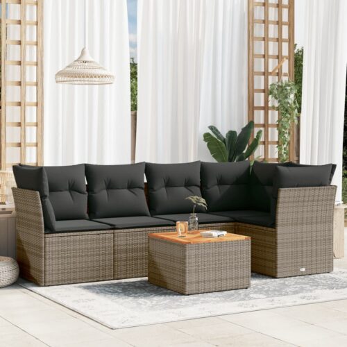 6-Piece Garden Sofa Set with Cushions Grey Poly Rattan Wicker Outdoor Patio Furniture - Image 2
