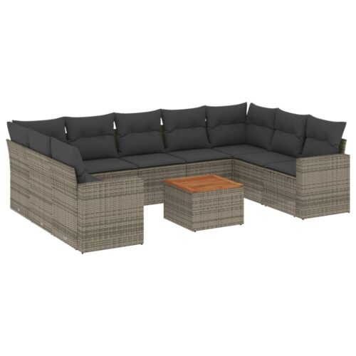 10-Piece Garden Sofa Set with Cushions Grey Poly Rattan Wicker Outdoor Patio Furniture - Image 14