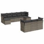 10-Piece Garden Sofa Set with Cushions Grey Poly Rattan Wicker Outdoor Patio Furniture