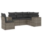 5-Piece Garden Sofa Set with Cushions Grey Poly Rattan Wicker Outdoor Patio Furniture