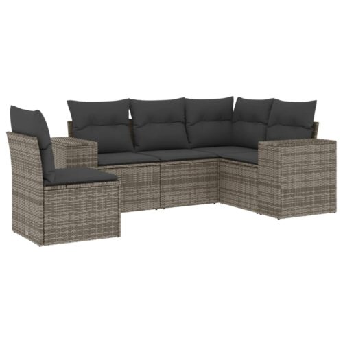 5-Piece Garden Sofa Set with Cushions Grey Poly Rattan Wicker Outdoor Patio Furniture