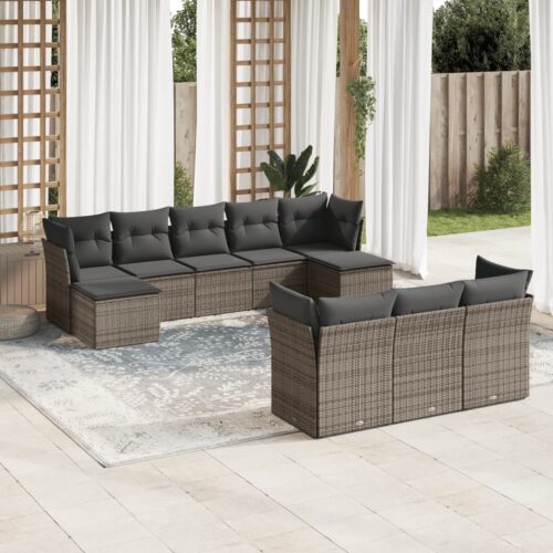 10-Piece Garden Sofa Set with Cushions Grey Poly Rattan Wicker Outdoor Patio Furniture - Image 2