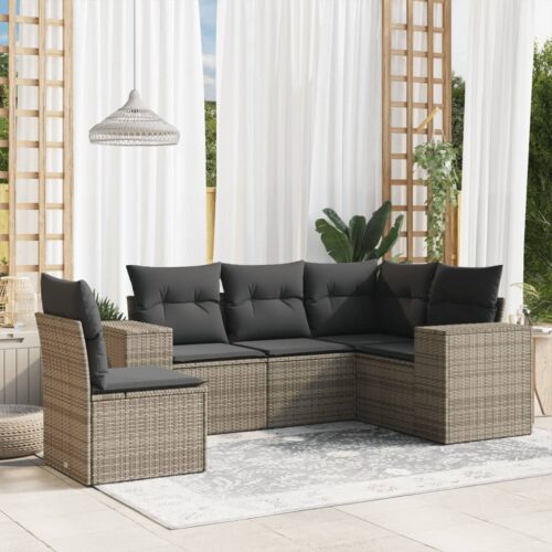 5-Piece Garden Sofa Set with Cushions Grey Poly Rattan Wicker Outdoor Patio Furniture - Image 2