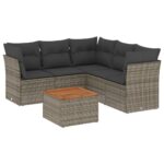 6-Piece Garden Sofa Set with Cushions Grey Poly Rattan Wicker Outdoor Patio Furniture