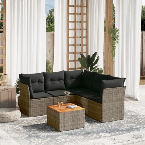 6-Piece Garden Sofa Set with Cushions Grey Poly Rattan Wicker Outdoor Patio Furniture - Image 2