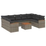 10-Piece Garden Sofa Set with Cushions Grey Poly Rattan Wicker Outdoor Patio Furniture