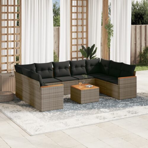 10-Piece Garden Sofa Set with Cushions Grey Poly Rattan Wicker Outdoor Patio Furniture - Image 2