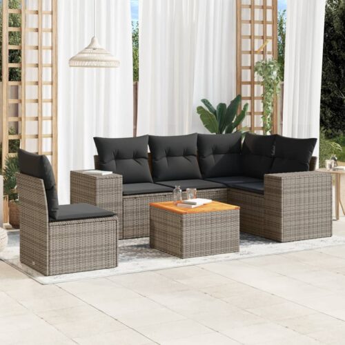 6-Piece Garden Sofa Set with Cushions Grey Poly Rattan Wicker Outdoor Patio Furniture - Image 2