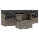 5-Piece Garden Sofa Set with Cushions Grey Poly Rattan Wicker Outdoor Patio Furniture