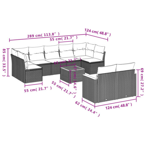 10-Piece Garden Sofa Set with Cushions Grey Poly Rattan Wicker Outdoor Patio Furniture - Image 3