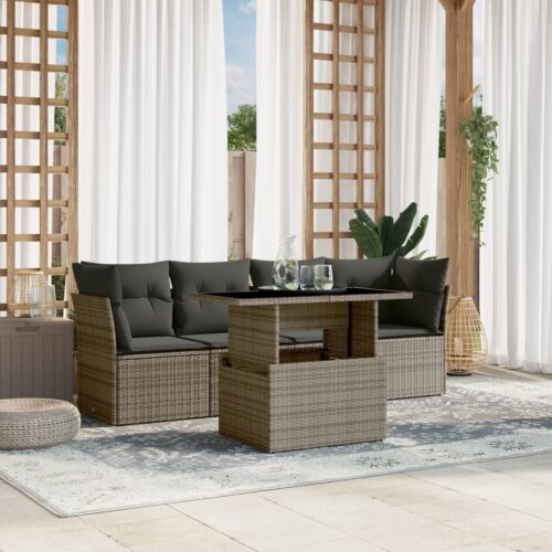 5-Piece Garden Sofa Set with Cushions Grey Poly Rattan Wicker Outdoor Patio Furniture - Image 2