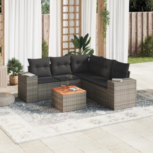 6-Piece Garden Sofa Set with Cushions Grey Poly Rattan Wicker Outdoor Patio Furniture - Image 2