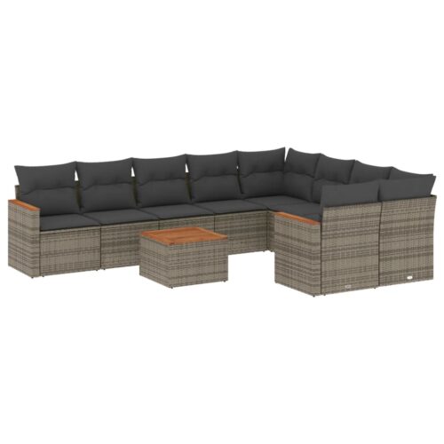 10-Piece Garden Sofa Set with Cushions Grey Poly Rattan Wicker Outdoor Patio Furniture