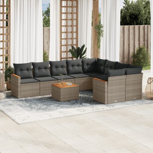 10-Piece Garden Sofa Set with Cushions Grey Poly Rattan Wicker Outdoor Patio Furniture - Image 2