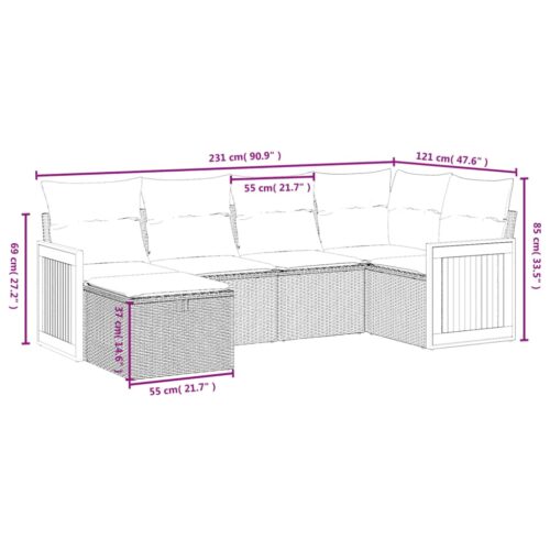 6-Piece Garden Sofa Set with Cushions Grey Poly Rattan Wicker Outdoor Patio Furniture - Image 4