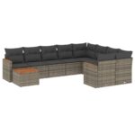 10-Piece Garden Sofa Set with Cushions Grey Poly Rattan Wicker Outdoor Patio Furniture