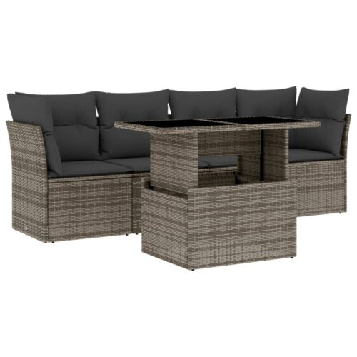 5-Piece Garden Sofa Set with Cushions Grey Poly Rattan Wicker Outdoor Patio Furniture - Image 13