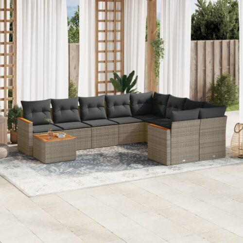 10-Piece Garden Sofa Set with Cushions Grey Poly Rattan Wicker Outdoor Patio Furniture - Image 2