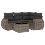 5-Piece Garden Sofa Set with Cushions Grey Poly Rattan Wicker Outdoor Patio Furniture
