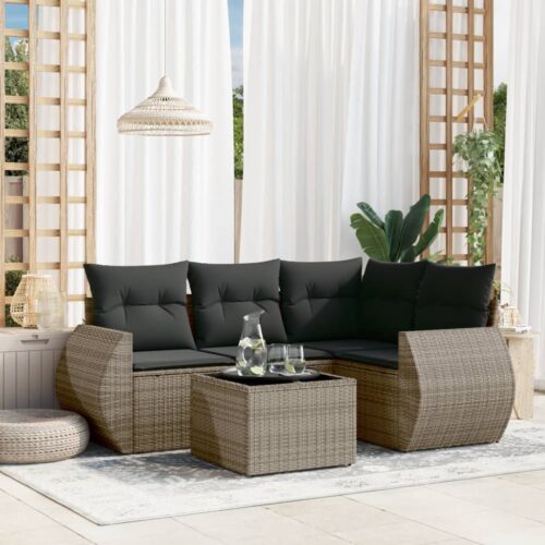 5-Piece Garden Sofa Set with Cushions Grey Poly Rattan Wicker Outdoor Patio Furniture - Image 2