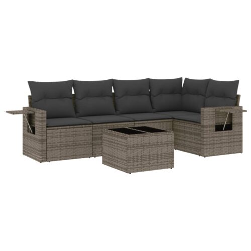 6-Piece Garden Sofa Set with Cushions Grey Poly Rattan Wicker Outdoor Patio Furniture