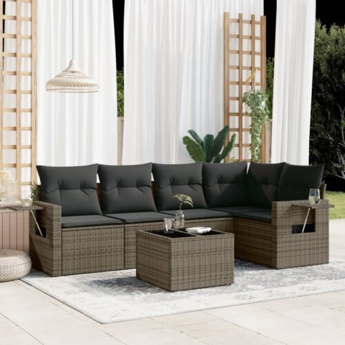 6-Piece Garden Sofa Set with Cushions Grey Poly Rattan Wicker Outdoor Patio Furniture - Image 2