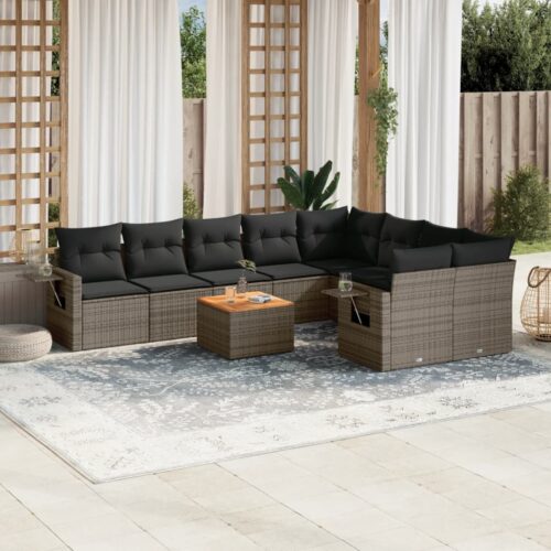 10-Piece Garden Sofa Set with Cushions Grey Poly Rattan Wicker Outdoor Patio Furniture - Image 2