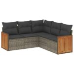 5-Piece Garden Sofa Set with Cushions Grey Poly Rattan Wicker Outdoor Patio Furniture