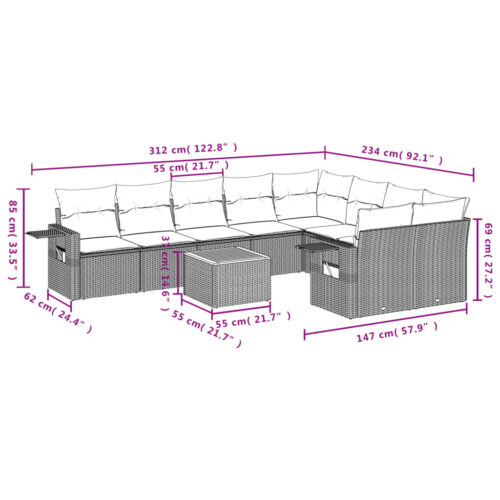 10-Piece Garden Sofa Set with Cushions Grey Poly Rattan Wicker Outdoor Patio Furniture - Image 3