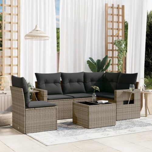 6-Piece Garden Sofa Set with Cushions Grey Poly Rattan Wicker Outdoor Patio Furniture - Image 2