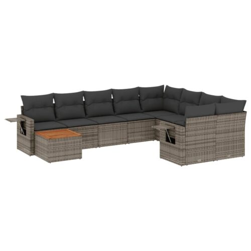10-Piece Garden Sofa Set with Cushions Grey Poly Rattan Wicker Outdoor Patio Furniture