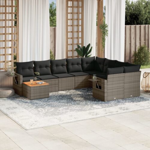 10-Piece Garden Sofa Set with Cushions Grey Poly Rattan Wicker Outdoor Patio Furniture - Image 2