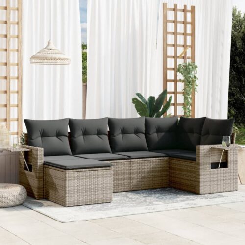 6-Piece Garden Sofa Set with Cushions Grey Poly Rattan Wicker Outdoor Patio Furniture - Image 2